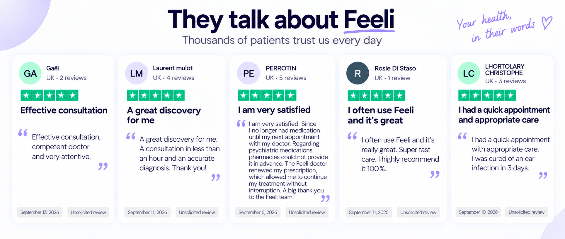 5-star reviews from Feeli patients on Trustpilot: fast, effective consultations and attentive doctors
