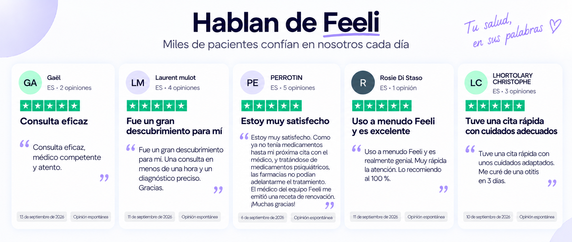 Opiniones de 5 estrellas de pacientes de Feeli en Trustpilot: consultas rápidas, eficaces y médicos atentos