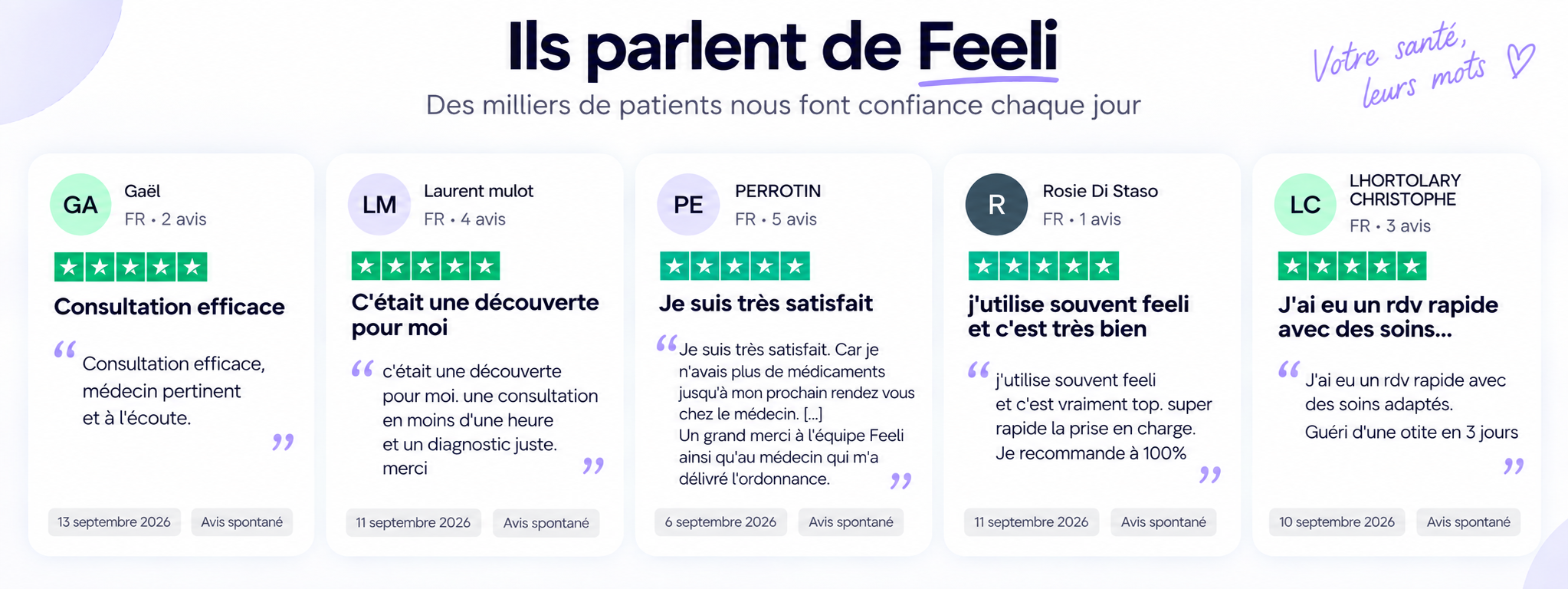 Avis 5 étoiles de patients Feeli sur Trustpilot : consultations rapides, efficaces et médecins à l'écoute